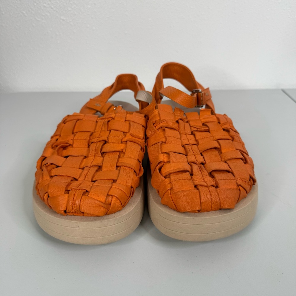 Henry Beguelin Orange‎ Leather Cross Hatch Ankle Strap Platform Sandals Size 40 - Picture 3 of 8
